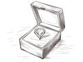 Illustration of isolated diamond ring in the box in hand-drawn style