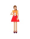 Illustration isolated of European girl with brown hair in red flared skirt, blouse, touch screen, smartphone