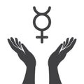 Illustration of an isolated hands offering sign with the mercury planet symbol