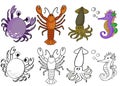 marine animals colored and black white coloring for children