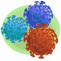 Illustration of isolated orange and blue microscopic cells of coronavirus - SARS-CoV-2 bacteria on green background