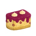 Illustration of isolated piece of cherry cake with icing on white