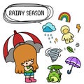 Illustration isolated set cartoon rainy season with kid girl