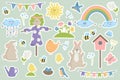 illustration isolated set of stickers with white contour spring elements scarecrow, rainbow, flower bed, rabbit.Spring stickers Royalty Free Stock Photo