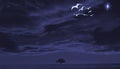 Illustration of an isolated tree and flying birds flock in cloudy sky in darkness. Dark blue mystic, sad, gloomy mood landscape.