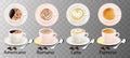 isolated white cups of coffee with a spoon, top and side view, romano, americano, espresso, latte