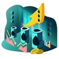 Illustration in isometric style with oil barrels, growth and fall graph, japanese candles and dollar coins on a white background