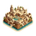 Illustration of an isometric view of a luxurious residence of ancient Middle Eastern and Persian architecture design.