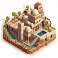 Illustration of an isometric view of a luxurious residence of ancient Middle Eastern and Persian architecture design.