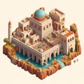 Illustration of an isometric view of a luxurious residence of ancient Middle Eastern and Persian architecture design.