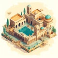 Illustration of an isometric view of a luxurious residence of ancient Middle Eastern and Persian architecture design.