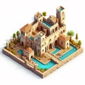 Illustration of an isometric view of a luxurious residence of ancient Middle Eastern and Persian architecture design.