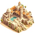 Illustration of an isometric view of a luxurious residence of ancient Middle Eastern and Persian architecture design.