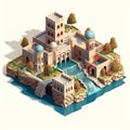 Illustration of an isometric view of a luxurious residence of ancient Middle Eastern and Persian architecture design.