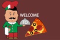 Illustration of an italian cartoon chef with a freshly baked pizza