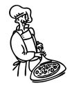 Illustration of an Italian chef with a freshly baked pizza. Cartoon character, chef on isolated background Royalty Free Stock Photo