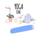 Illustration of items for yoga and meditation, yoga mat, aroma lamp, candles in cartoon style