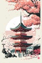 Illustration Japan temple or Asian pagoda, Japanese traditional landmark