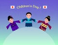 Illustration of Japanese children in traditional costume-kimono in honor of children`s day