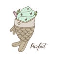 Illustration of japanese corean fish shaped parfait with matcha flavor ice-cream and toppings.