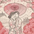 illustration of a Japanese couple in love with an umbrella , generated by AI Royalty Free Stock Photo