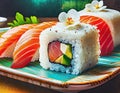 Illustration of Japanese Dish Uramaki or Inside-out Roll and Salmon Nigirizushi Royalty Free Stock Photo