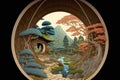 Japanese garden through round window in japan, digital illustration painting artwork