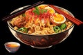 Illustration of japanese noodle ramen with egg and vegetables, Delicious bowl of ramen noodles, AI Generated