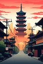 An illustration of a japanese pagoda in the sunset, AI