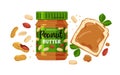 Illustration of a jar of peanut butter, bread and peanuts isolated on a white background. Vector. Royalty Free Stock Photo