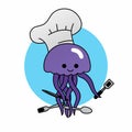 Illustration of Jellyfish Chefs Wear Chef Hats and Carry Knives, Spatulas, Spoons and Forks Cartoon, Cute Funny Character, Flat De