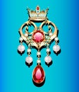 jewelry gold brooch in the shape of a heart in a crown with pearls and precious stones Royalty Free Stock Photo