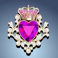 jewelry gold brooch in the shape of a heart in a crown with pearls and precious stones