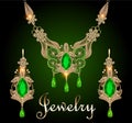 jewelry gold filigree set of necklaces and earrings with emeralds