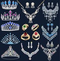 jewelry set with a chain with a pendant, earrings, necklace and tiara with multi-colored precious stones, beads