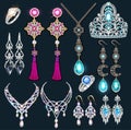 jewelry set with a chain with a pendant, earrings, necklace and tiara and rings with multi-colored precious