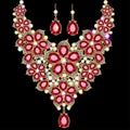 jewelry set gold necklace with flowers of rubies and precious stones and earrings