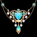 Jewelry women`s gold necklace with precious stones and pearls