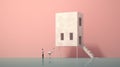 Minimalistic Surrealism: A Man Descending From A Pink House To The Water