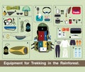 Illustration journey vector, Equipment for Trekking in the Rainforest.