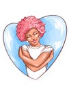 Illustration of joyful beautyful woman that hugs herself in heart isoleted on white background. Concept of self love and self supp