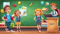 Illustration of joyful children, at the school blackboard, school, school supplies