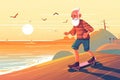 illustration of a joyful elderly man skateboarding along the seafront, embracing life and all its adventures. Generative