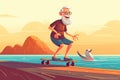 illustration of a joyful elderly man skateboarding along the seafront, embracing life and all its adventures. Generative