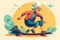 illustration of A joyful elderly woman skateboarding, embracing the concept of active aging and breaking stereotypes