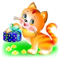 Illustration of joyful kitten holding a present.