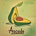 Illustration juicy realistic avocado fruit cut in half with a brown bone, leaf and shadow, the inscription avocado on a watercolor Royalty Free Stock Photo