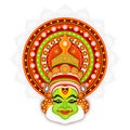 Illustration of Kathakali dancer face on mandala pattern.