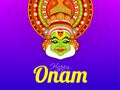 Illustration of Kathakali dancer face on purple floral background for Happy Onam celebration. Royalty Free Stock Photo