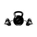 Illustration of of kettlebell and barbell . Design element for logo, label, sign, emblem, poster. Royalty Free Stock Photo